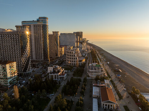Aerial view of modern luxury hotel Colosseum Marina on Sherif Khimshiashvili street. Batumi, Georgia