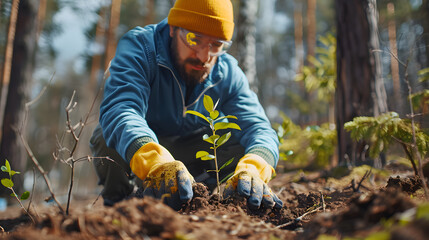 Focused man in a beanie and gloves attentively planting a young sapling in the fertile soil of a sunlit forest, nurturing the future of the environment. - obrazy, fototapety, plakaty