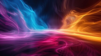Dynamic swirls of neon light with vibrant colors flow against a dark background, creating an abstract wave pattern - obrazy, fototapety, plakaty