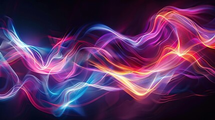Dynamic swirls of neon light with vibrant colors flow against a dark background, creating an abstract wave pattern