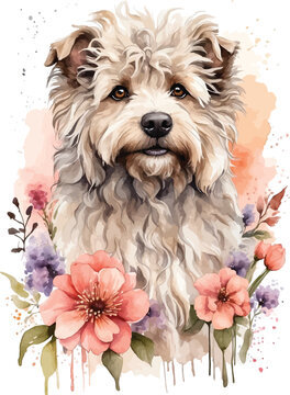 Beautiful watercolor Hungarian Puli dog floral vertical portrait vector print with white background