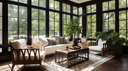 Sunroom with black window frames and polished ebony wood floors.