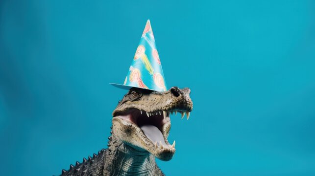 Funny crocodile with birthday party hat on blue background.