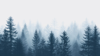 Misty mountain layers and forest silhouette.
