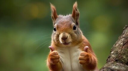 Portrait of friendly squirrel making thumbs up. - obrazy, fototapety, plakaty