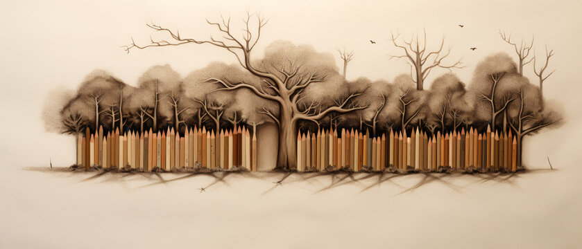 Top view image of wooden pencils and tree drawing ..
