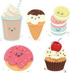 Vector illustration collection of cute kawaii cartoon sweet desserts characters desserts, ice cream, donut, cupcake, macaron, coffee, milkshake isolated on white background