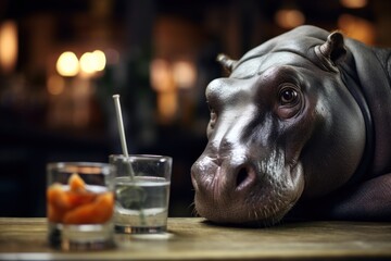 Drinking hippopotamus with alcohol in a pub.