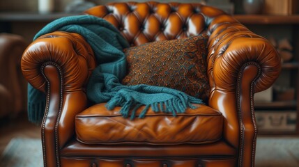 Cozy Comfort: A Vintage Leather Armchair Beckons with a Soft Blanket and Pillow
 - obrazy, fototapety, plakaty