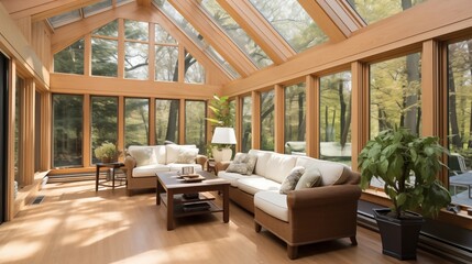 Fototapeta premium Sunroom with blonde oak hardwoods and black stained cedar accents.