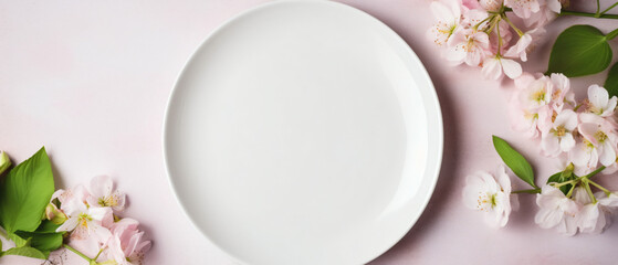Obraz na płótnie Canvas Top view of vintage white empty plate over spring flow
