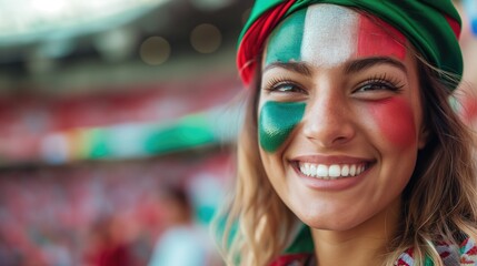 Beautiful happy young woman football fan with Italy flag on her face at football stadium. Concept of 2024 UEFA European Football Championship	
