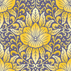 Fototapeta premium Seamless yellow Damask pattern on a blue background. Floral abstract repeat background.