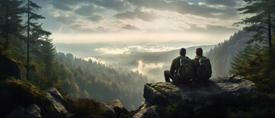 Two hikers relax at the cliffs in the woods