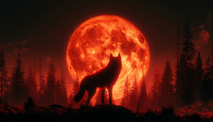 A terrifying wolf roaming the forest under a blood-red moon. Close-up of the wolf, full moon. Night of the wolf