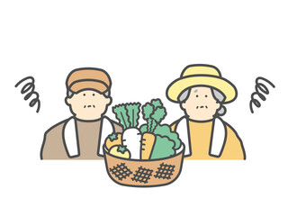 農家で働く不安な高齢夫婦　野菜　収穫
