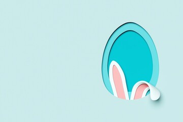 Easter greeting card with bunny ears in egg shape frame. 3d illustration, paper cut style. Place for your text. Happy Easter Day.