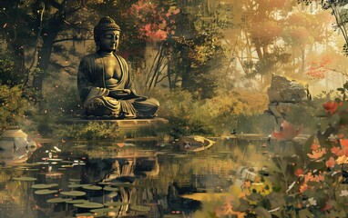 Serenity in the Zen Garden, A tranquil Zen garden bathed in golden light, featuring a meditative Buddha statue seated amongst flourishing trees, reflective ponds, and scattered petals.