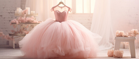 Vintage tulle pink chiffon dress and diamond tiara on