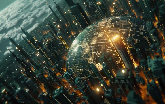 Cybernetic Metropolis, A futuristic cityscape intricately merged with circuit board patterns, symbolizing a high-tech urban environment where technology and digital infrastructure form the core of civ