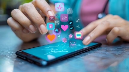 Embracing Virtual Healthcare Hands Using Smartphone with Telemedicine Icons and Health Data