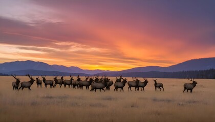 Fototapeta na wymiar A Herd Of Elk Silhouetted Against A Colorful Sunse