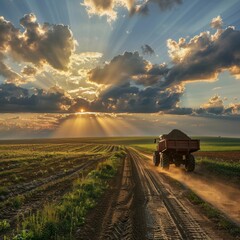 Naklejka premium A tractor pulls a siding with fertilizer along a dirt road that leads to a field.