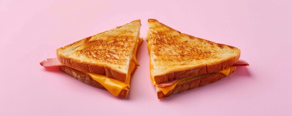 Fresh tasty toasts with ham and cheese on a pink background.