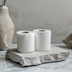 Fototapeta na wymiar Rolls of toilet paper on a stone slab on a light background.