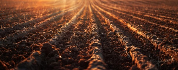 A view of a plowed field at sunset. Agricultural concept. - obrazy, fototapety, plakaty