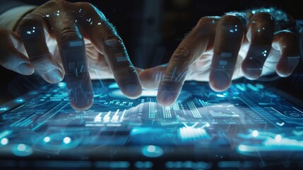 Digital Financial Management Controller Analyzing Holographic Corporate Accounts on Tablet