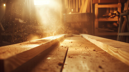 Carpenter workshop, wooden planks. - Powered by Adobe