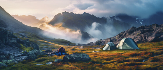 Wild camping in the mountains. Dawn landscape with background