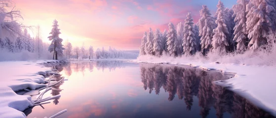 Zelfklevend Fotobehang Winter Christmas Landscape In Pink Tones With Calm  © Rimsha