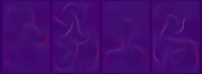 Grid y2k set abstract geometry shape. 3d graphic design y2k retro style. Mesh grid line shape. Vector illustration