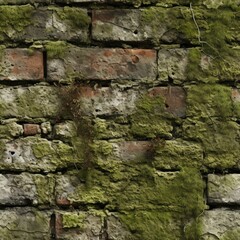 Old brick wall, green moss. Seamless texture.