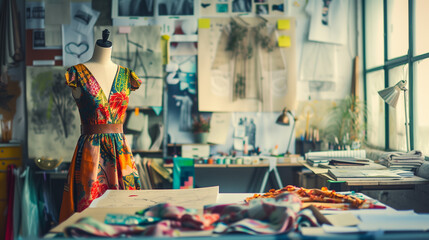 Fototapeta na wymiar Colorful Textile Draped Over a Mannequin in a Design Studio.