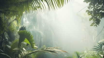 Tropical forest with palm trees and mist. Background with copyspace.