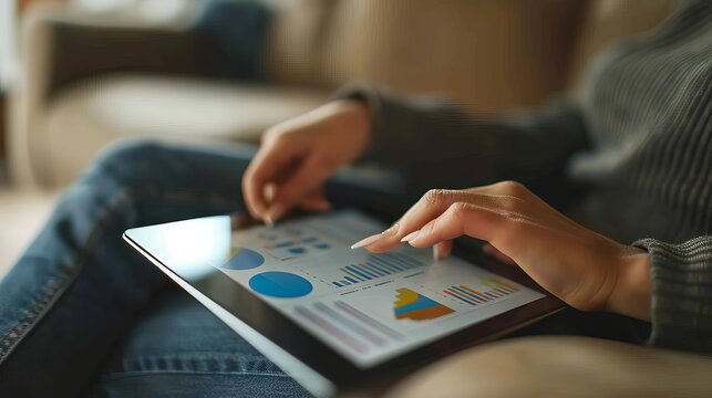 Digital Presentation Mastery Business Professional Navigating Virtual Slides with Tablet Financial Graphs and Bullet Points for Effective Communication and Engagement