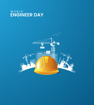 World engineers day, engineers helmet and oval shape town, design for banner, poster, vector.