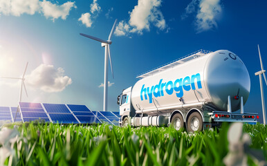 Hydrogen truck next to renewable electricity, solar power, wind power. concept of green hydrogen.