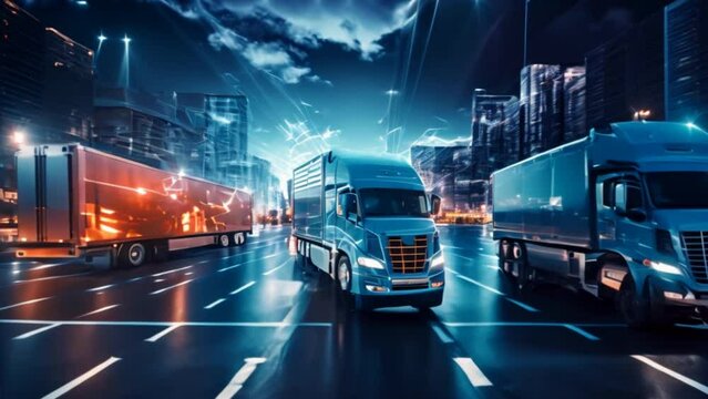 Highway Traffic: Technology Transport Trucks and Cars Run All Night. bright lights on the road It represents modern transportation.