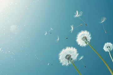 lying dandelion seeds against a serene blue background, copy space for text