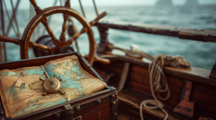 A ship's wheel and map guide the journey.