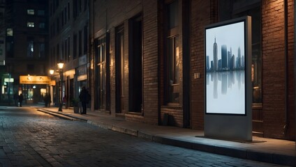 Fototapeta premium A vertical, blank advertising billboard positioned on a sidewalk, surrounded by the night ambiance of a city Generative AI