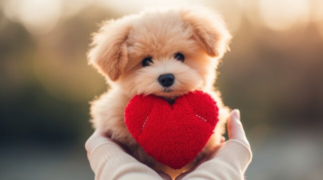 Cute dog  with red heart, Valentine's day.