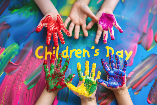 Vibrant painted hands of children raised in celebration against a colorful background with 'Children's Day' text, embodying the joy and creativity of youth.