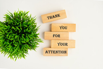Thank you for your attention concept. Text written on wooden blocks on a white background with a green plant out of focus