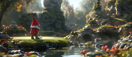 Fantasy meets digital art with a 3D gnome playing golf on a meticulously designed course3D render