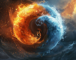 Fiery and icy elements forming Yin and Yang - obrazy, fototapety, plakaty